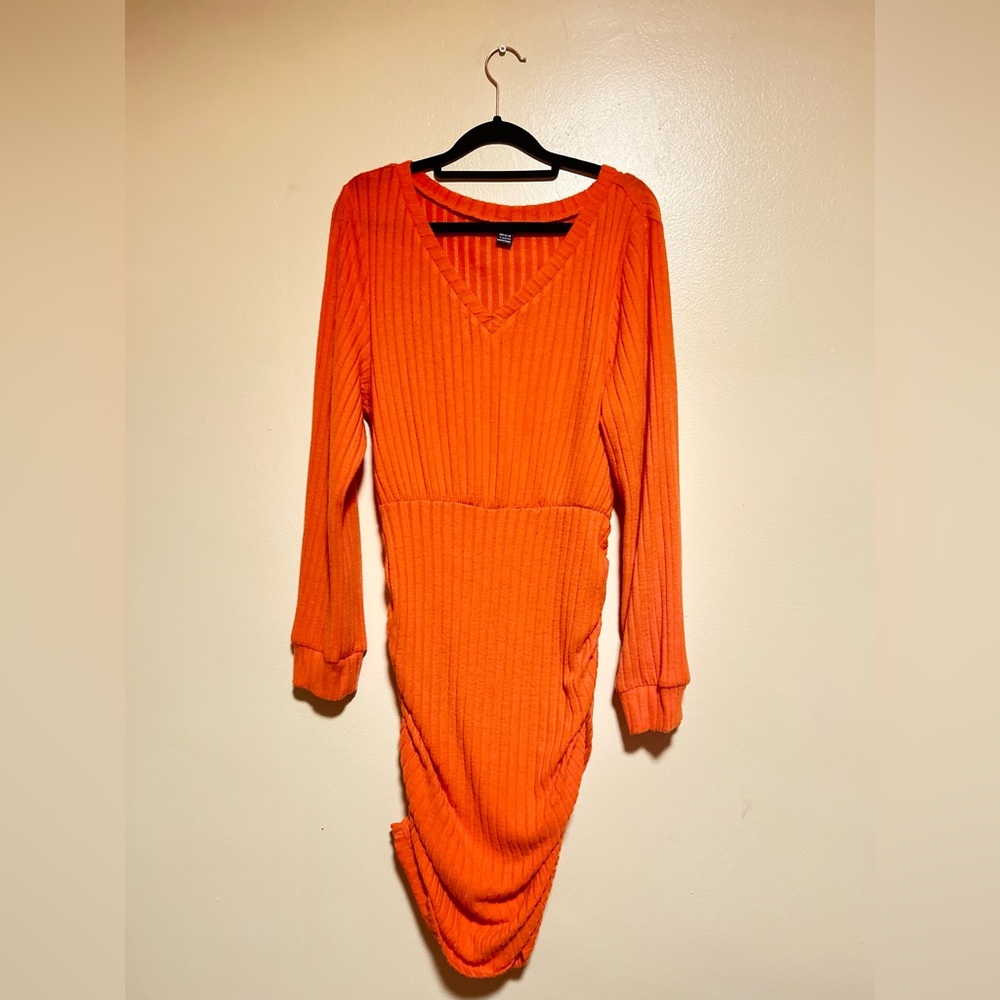 Orange V-Neck Ribbed Dress